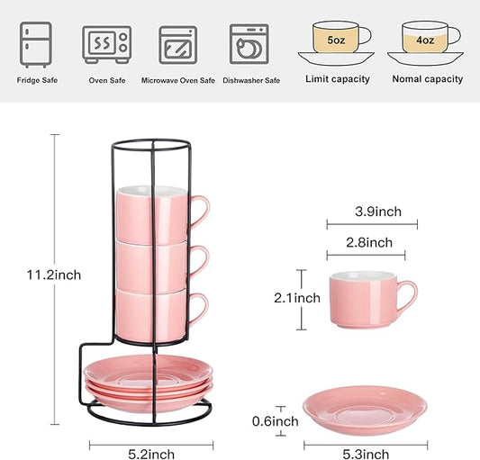 Meichu 4oz Porcelain Stackable Espresso Cups with Saucers and Metal Stand Set of 4, Stackable Espresso Cups Set of 4, Pink Expresso Shots Cup Set for Coffee Drinks, Cappuccino Latte, Americano, Tea