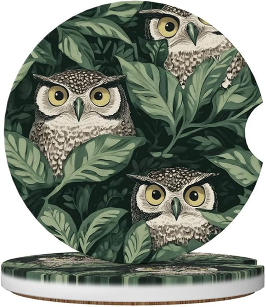 Car Cup Holder Coasters, 2 Pcs Ceramic Coasters with Finger Slot and Cork Back, Anti-Slip Shock Absorbing Women and Men Universal Car Accessories - Green Leaf Owl