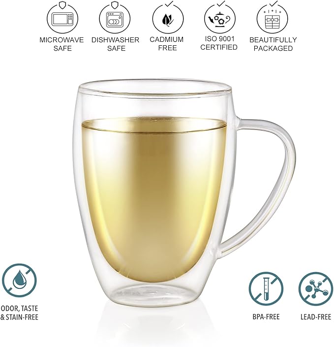 Teabloom Double Walled Glasses - Set of 2 Insulated Glass Mugs for Tea, Coffee, and More (12 Ounces) – Clear Bliss Collection