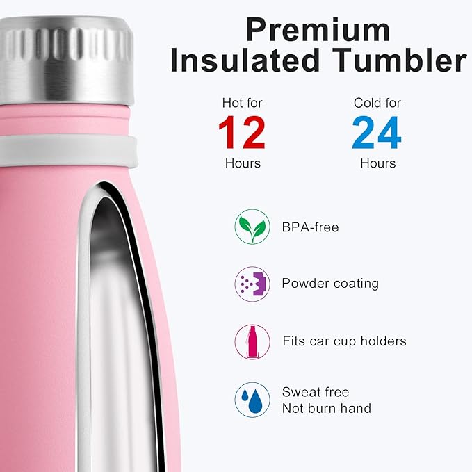 koodee 17oz Stainless Steel Water Bottle, Double Wall Vacuum Insulated Sports Bottle, BPA Free (Pink)