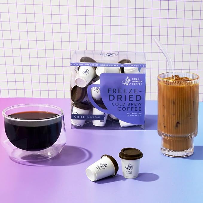COZY INDIGO COFFEE - CHILL Cold Brew Dark Roast Instant Freeze Dried Specialty Coffee, 24 Capsules, 100% Arabica Beans, Enjoy Cold or Hot, Perfect for Travel and On The Go