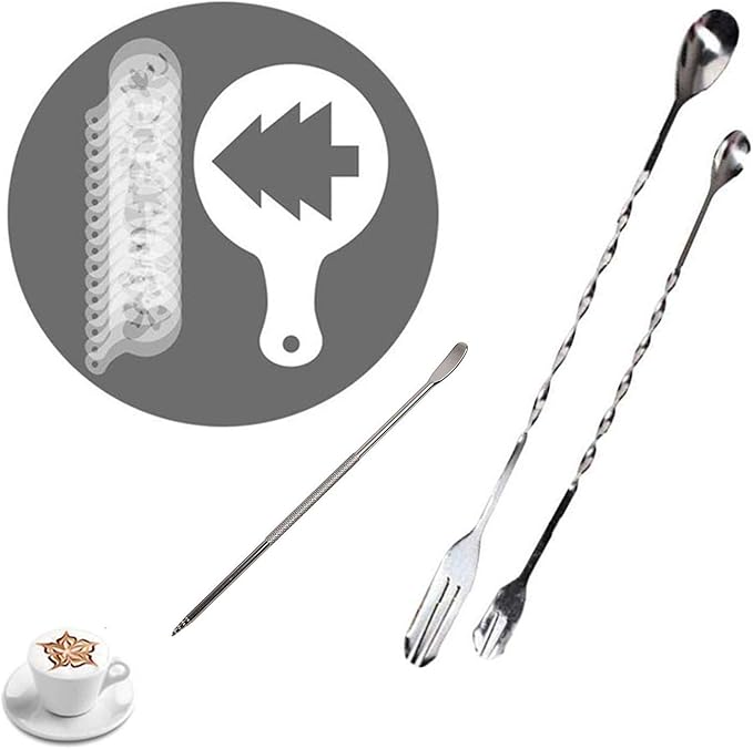 JinYu Coffee Art Maker Set, 16 Pieces Coffee Decorating Stencils Barista Template +1 Latte Pen + 2 Pack Spiral Pattern Mixing Spoon Fork 2 in 1 for Mousse Cake Birthday Party Bar Espresso (19 Pcs)