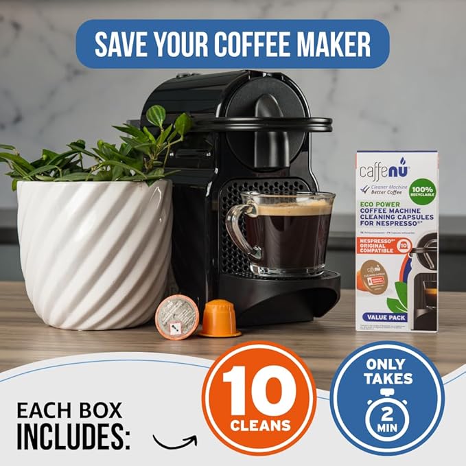 Caffenu Nespresso Compatible Cleaning Pods. 10 Cleaner Capsules. Improved Coffee Flavor. For Nespresso Originaline, Use with Descaling Kit.