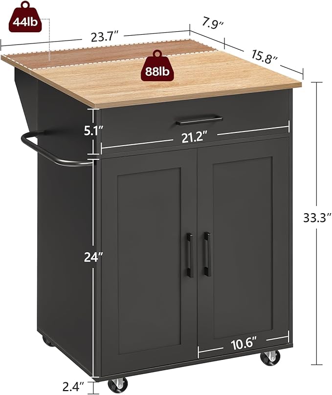 Kitchen Island on Wheels with Drop Leaf, Folding Countertop Kitchen Island Cart, Kitchen Islands Table with Towel Rack, Drawer, for Kitchen, Dining Room, Black and Natural KINB12501