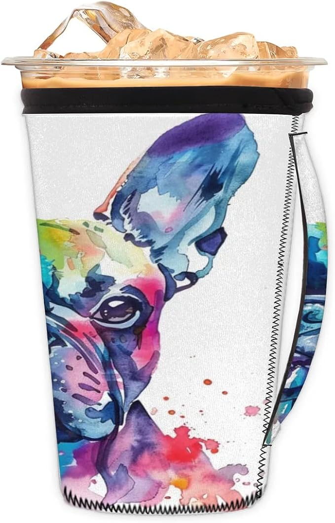 Reusable Iced Coffee Sleeve with Handle, Watercolor French Bulldog Neoprene Cup Sleeve Dog Pattern Insulator Cup Holder for Cold Drinks Beverages 16oz - 18oz