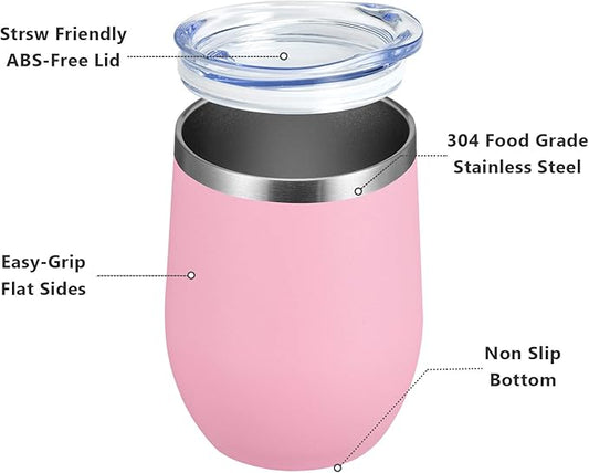 MEWAY 12oz Wine Tumbler 16 Pack Bulk Gifts for Women,Double Wall Vacuum Stainless Steel Travel Mug with Lid,Insulated Stemless Wine Cup Glass for Coffee,Cocktails,Drinks(Pink,Set of 16)