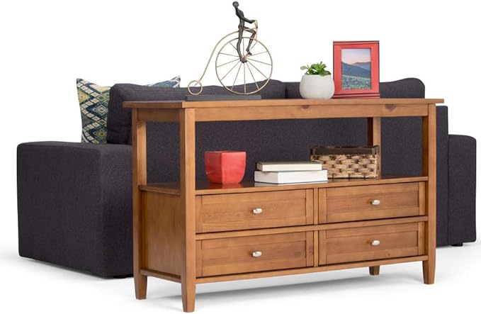 SIMPLIHOME Warm Shaker Console Table - 48 Inch Wide Solid Wood Sofa Table in Light Golden Brown, Transitional Storage Table for Living Room with 4 Drawers, Open Shelf, and Brushed Nickel Knobs