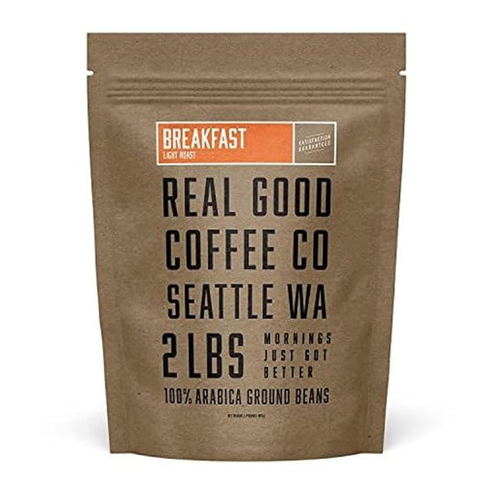 Real Good Coffee Company Breakfast Blend Light Roast Ground Coffee - Sustainably Sourced Arabica Coffee Beans - Versatile for Drip, French Press & Espresso Machines - 32 Oz - Pack of 1