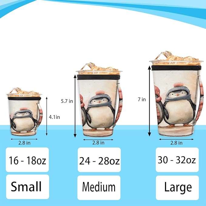 Penguin Reusable Insulator Coffee Sleeves for Drinks Beverages, Winter Penguins Neoprene Holder with Handle for Most Coffee or Ice Drink, 30-32oz