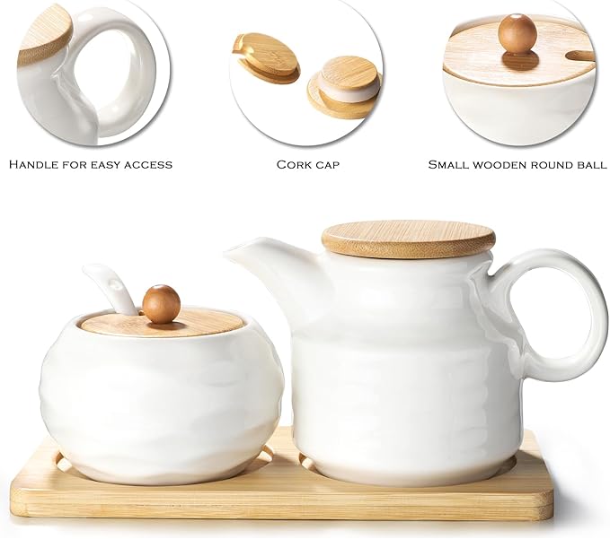 Ceramic Sugar and Creamer Set,12oz Cream Pitcher and 7.5oz Sugar Bowl with Lid,Coffee Serving Set for Cream and Sugar Spices, Condiments (2, Large)