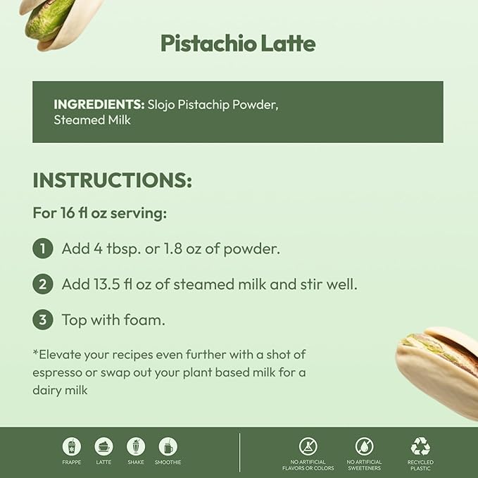SLOJO Pistachio White Chocolate Powder - Premium Drink Mix for Hot & Cold Beverages, Gourmet Powder, Vegan, Drink Mix for Frozen or over Iced Frappes, Lattes, Iced Coffees, Milkshakes and Desserts, 2Lbs