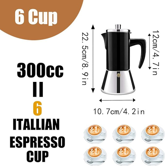 6 Cup Thickened 304 Stainless Steel Moka Pot Stovetop Espresso Maker Cafeteras Italian Percolator Espress Makers Capable Greca Mocha Coffee Machine for Induction Home and Camping 300ml 10oz