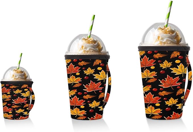 Reusable Iced Coffee Sleeve with Handle, Fall Autumn Maple Leaves Pattern Neoprene Cup Sleeve Insulator Cup Holder for Cold Drinks Beverages 16oz - 18oz