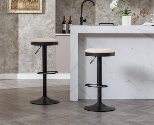 Round Swivel Counter Height Bar Stools Set of 3 Modern Adjustable Barstools Backless PU Leather Bar Chairs Industrial Island Chairs with Metal Base/Footrest for Kitchen Island/Pub, Beige