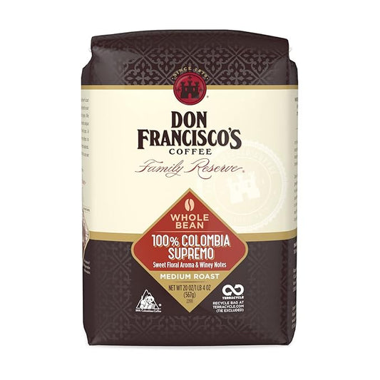Don Francisco's 100% Colombia Supremo Whole Bean Coffee, Medium Roast – 100% Arabica Coffee, 20 oz Bag