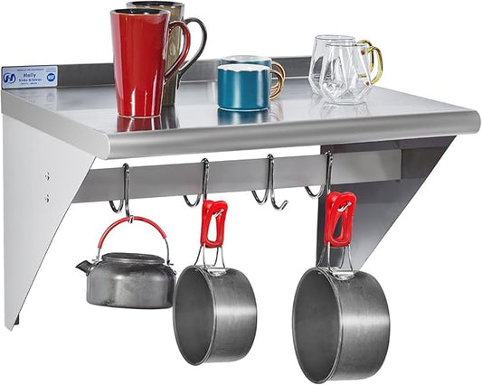 Hally Stainless Steel Shelf with 4 Hooks 18" x 24" Wall Mounted Pot Rack 300lb, NSF Commercial Floating Shelving for Storage Hanging Pots, Pans, cookware in Restaurant, Kitchen, Home and Hotel