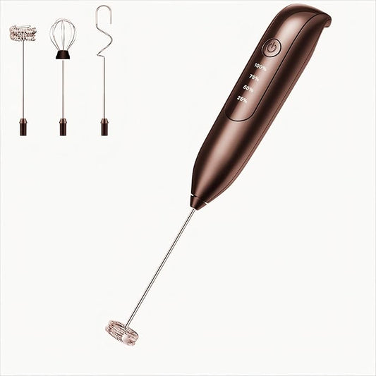 Electric Milkr 3 in 1 Whisk Milk Foamer,Powerful Milk Frother Wand - Mini Handheld Milk Frother with Stainless Steel Whisk for Coffee, Lattes, Cappuccino -Brownish black