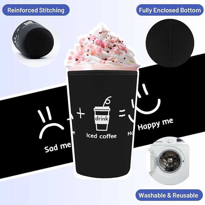 Iced Coffee Sleeve Reusable Cup Sleeves for Cold Drinks Neoprene Koozie Cozy Plastic Cup Covers for Drinks, Happy Me