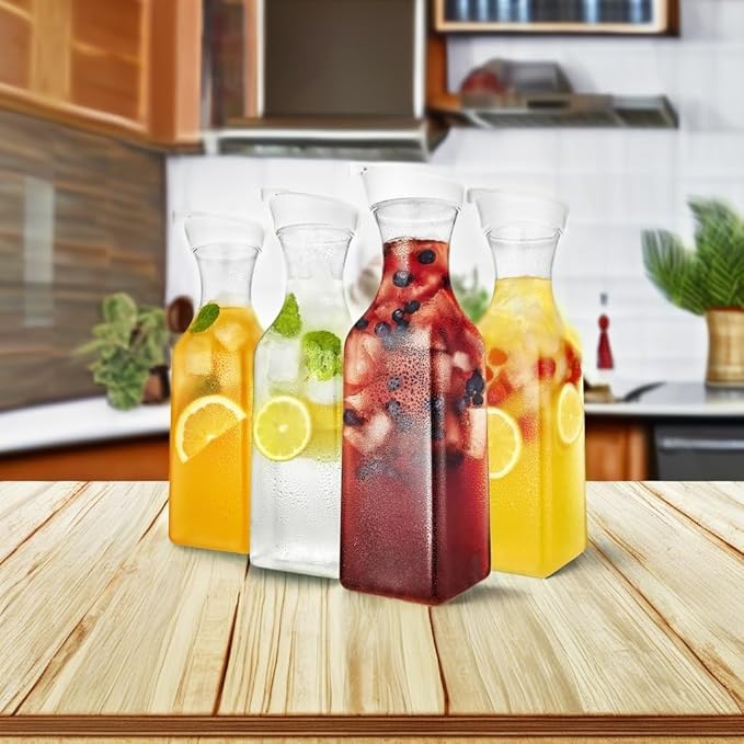 Stock Your Home 50 oz Square Carafes Plastic Juice Carafe with Lids (Set of 4) 50 oz Carafes for Mimosa Bar, Drink Pitcher with Lid, Water Bottle, Milk Container, Clear Beverage Containers for Fridge