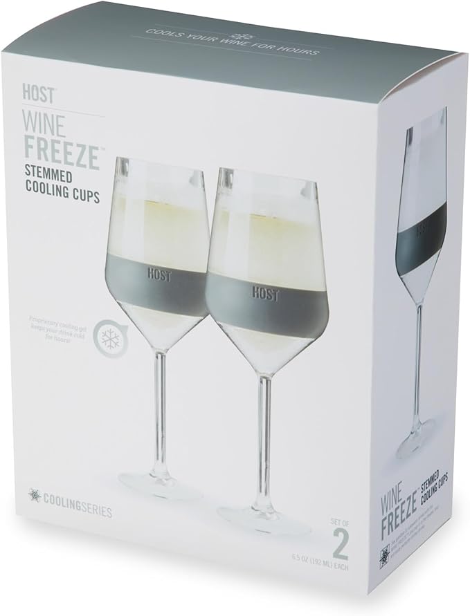 Host Wine Freeze Double-Walled Stemmed Wine Glasses Freezer Cooling Cups with Active Cooling Gel and Insulated Silicone Grip, 6.5 Oz Plastic Tumblers, Gray, Set of 2