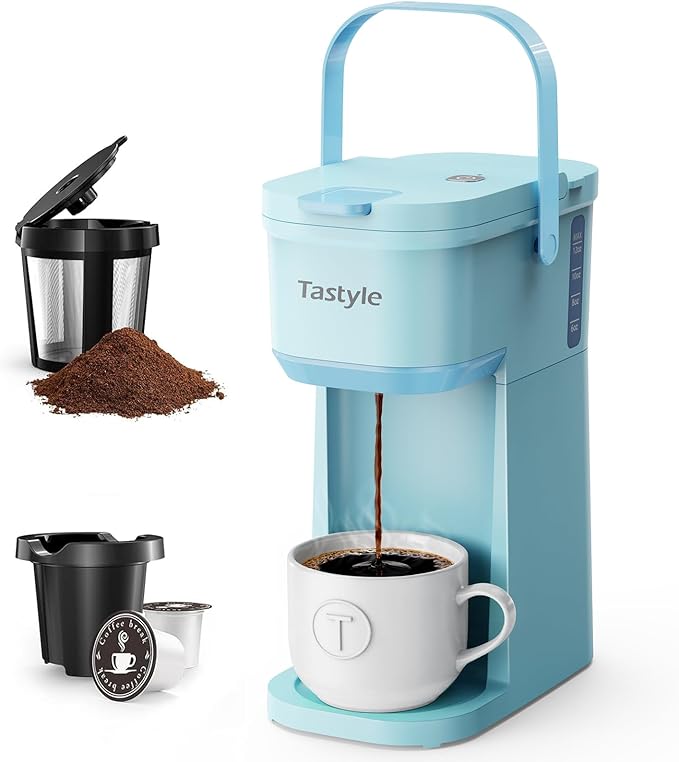 Tastyle Single Serve One Cup Coffee Maker, for K Cups and Grounds, Mini Coffee Maker with Portable Handle, 6 to 12 Oz Brew Size, for Travel, Camping, Office, RV and Dorm, 120V, Aqua