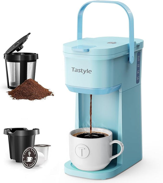 Tastyle Single Serve One Cup Coffee Maker, for K Cups and Grounds, Mini Coffee Maker with Portable Handle, 6 to 12 Oz Brew Size, for Travel, Camping, Office, RV and Dorm, 120V, Aqua