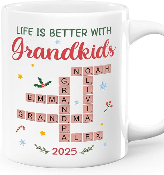 Joymade Personalized Ceramic Coffee Mug, Funny Custom Mug for Bestie, Friends, Couple, Coworker, Snowman Lovers (Life Is Better With Grandkids)