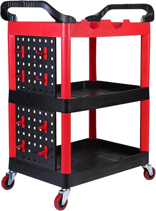 MaxWorks 50886 3 Shelf Rolling Utility Service Cart with Storage Carts and Bottle Holders with Side Hanging Hook 440-lb Capacity