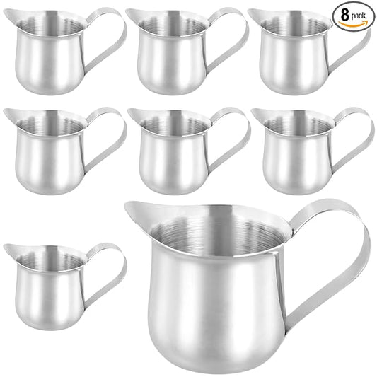 KEILEOHO 8 PCS 2oz Stainless Steel Bell Creamer, Wide Mouth Creamer Pitcher, Small Bell Creamers Cup for Sauce, Cream, Milk, Coffee