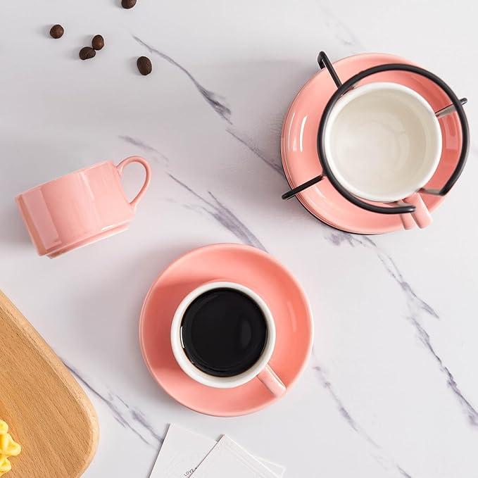 Meichu 2.5oz Porcelain Stackable Espresso Cups with Saucers and Metal Stand Set of 4, Stackable Espresso Cups Set of 4, Pink Expresso Shots Cup Set for Cappuccino, Coffee Drinks, Latte, Tea