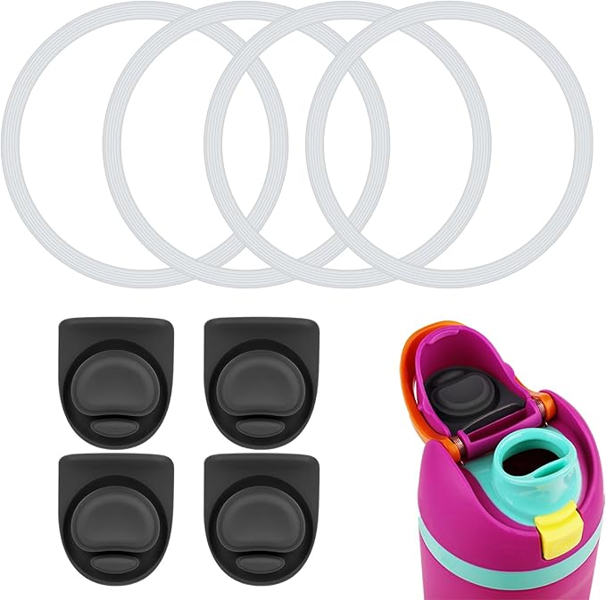 4pcs Water Bottle Seal Circle & 4pcs Replacement Stopper, Silicone O Circle Lid Gasket Parts for Owala Free Sip 19oz 24oz 32oz 40oz, Cap Mouth Plug Gasket Accessories, BPA-Free