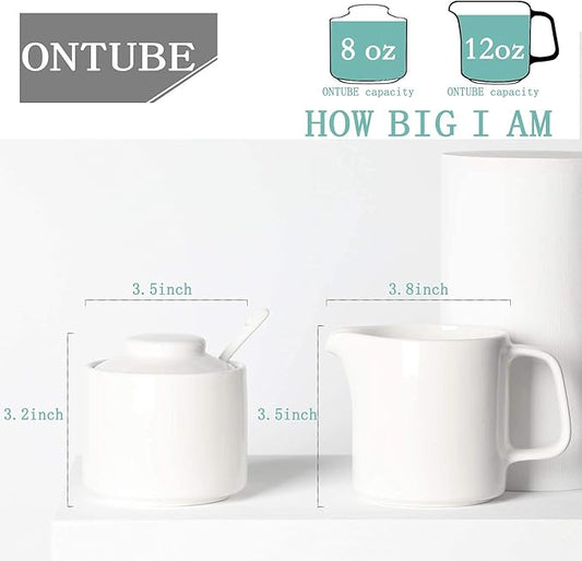 ONTUBE Porcelain Sugar and Creamer Set of 3,Ceramics Cream Pitcher, Sugar Bowl with Lid and Spoon (Bright White)