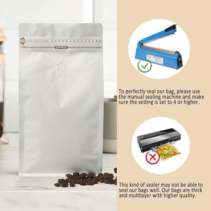 White Kraft Coffee Bags with Side Gusset, Resealable Stand-Up Coffee Pouches with Side Zipper, Degassing Valve for Coffee (Size: 5 x 9.25", 12oz/0.75lb, Pack of 100)