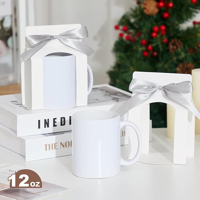 Kosiz 36 Pcs Mug Boxes Sublimation Coffee Mugs Gift Bags with Window Packaging Storage Box for Shipping Selling Wedding Valentines Gift Packaging Wrapping (for 12oz Mug,White,Silver)