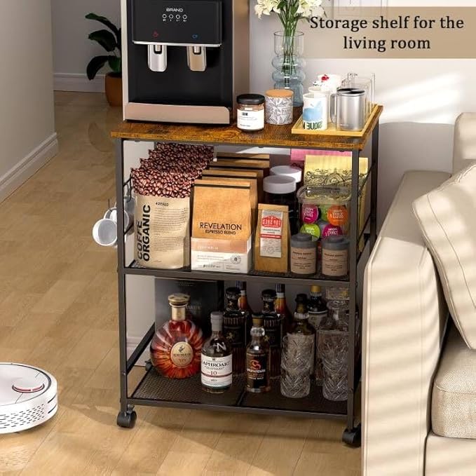Rolling Kitchen Microwave Cart, 3 Tier Microwave Table Stand with Storage, Kitchen Utility Cart on Lockable Wheels, Small Coffee Cart Shelf Rack Organizer for Living Room Office, Balcony