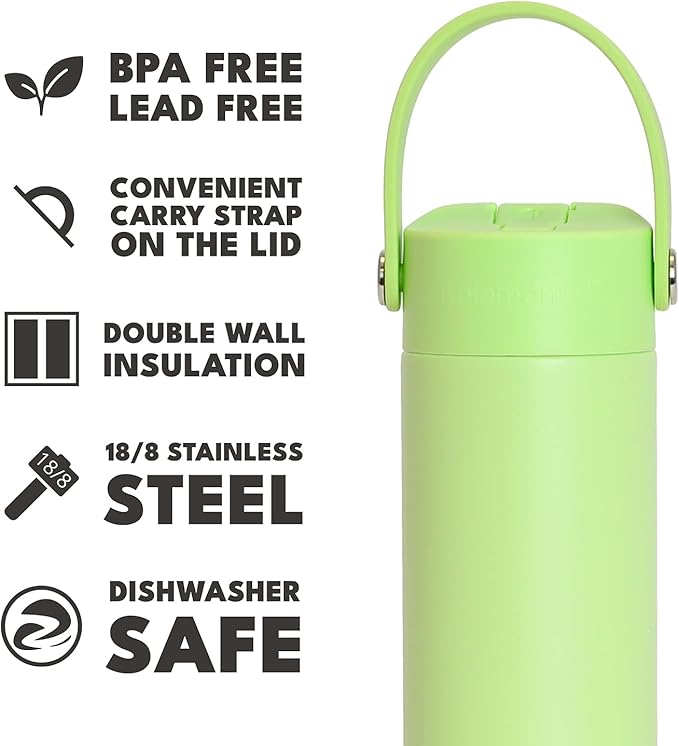 Elemental 24oz Insulated Water Bottle with Straw - 100% Leak-Proof Stainless Steel Core Water Bottles for Travel, Sports and Gym - Double Wall Insulation & BPA Free - Key Lime