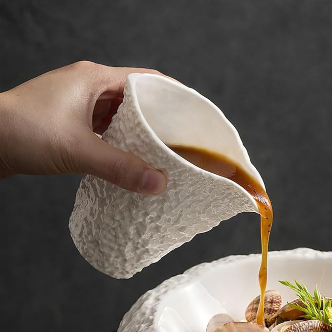 Rock Pattern Ceramic Gravy Boat, Small Capacity Ceramic Gravy Bowl, Handleless Creamer Pitcher with Dripless Lip, Suitable for Gravy, Sauce, Salad Dressing, Milk (White)