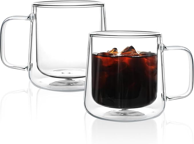 Aurzen 13oz Glass Coffee Mugs,Double Wall Insulated Glass Cups with Handle,Clear Espresso Mugs for Latte,Cappuccino,Tea Bag (2, 13oz)