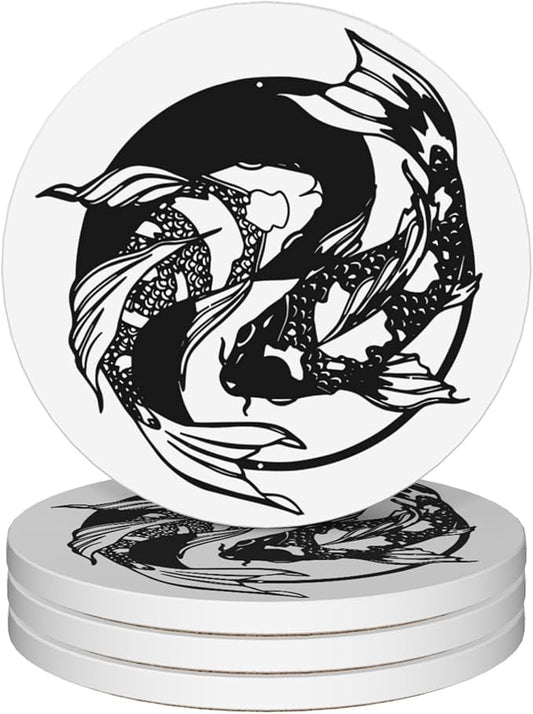 Drinks Coasters Set of 4, Yin Yang Fish Round 4" Cup Coasters, Absorbent Ceramic Stone Coasters with Cork Base, Cute Coasters for Table Home Décor, Ideal Gifts for Women Men