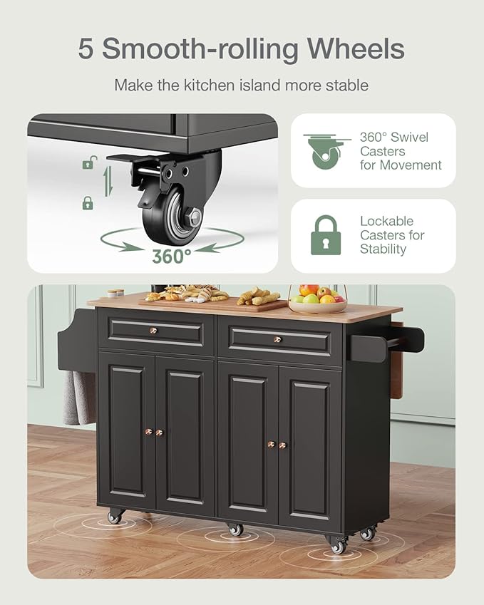 Kitchen Island with Storage, Kitchen Cart on 5 Universal Wheels, Mobile Kitchen Island with Rubber Wood Top and Side Rack (Black)