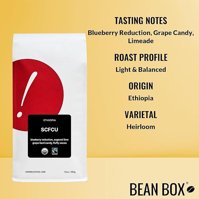 Ethiopia SCFCU - Certified Fairtrade, Organic - Roasted by Gimme! Coffee - Whole Bean Coffee - 5 Pound Bag