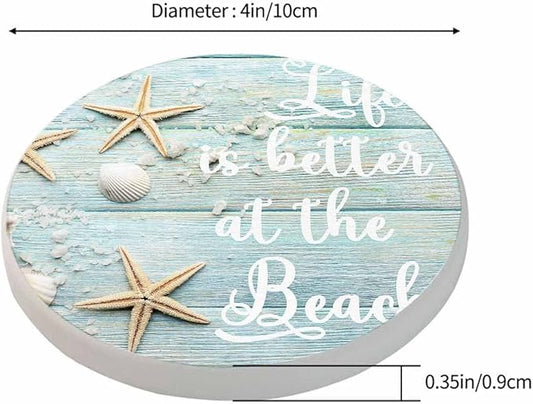 Life is Better at The Beach Drink Coaster for Tabletop Protection Summer Sand Sea Shells Starfishes Non-Slip Cups Place Mats Home Decor Diatomite Material for Men Women