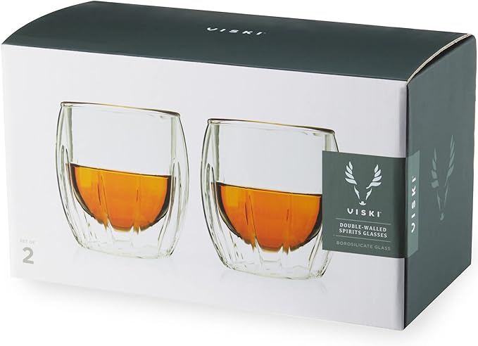 Viski Double-Walled Spirits Glasses, Insulated Liquor Tumblers with Cut Crystal Design, Dishwasher Safe 8.5 Oz, Clear, Set of 2