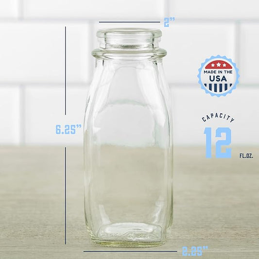 kitchentoolz Glass Creamer Bottle 12 Oz Square Glass Milk Bottle with Lids- Glass Bottles with Lids - Milk Container for Refrigerator - 12 Ounce Milk Bottle with Lid and Pour Spout