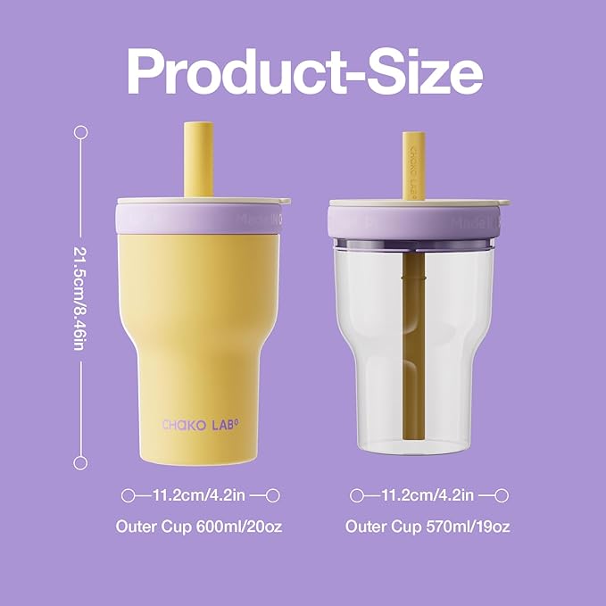 CHAKO LAB Insulated Stainless Steel Water Bottle | Dual-layer tumbler with Glass Linner and Stainsteel Linner | BPA-Free Leak Proof Thermos | 20oz Bottle with Two Straw | Yellow & Purple