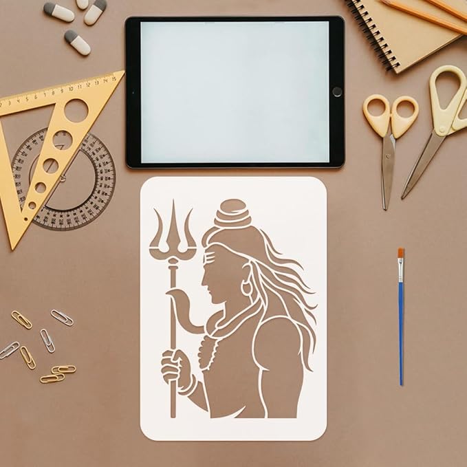 FINGERINSPIRE 4PCS India Shiva Painting Stencil with Paint Brush 8.3x11.7inch Character Silhouette Pattern Drawing Template Plastic Moon Man Snake Stencil Indian Theme Template for Home Decoration