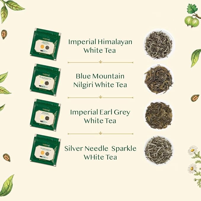 VAHDAM, Assorted White Tea Sampler Gift Set, Gluten Free, Non GMO - 4 Unblended White Loose Leaf Tea Sampler | Tea Variety Pack | Valentines Day Gifts Set for Him & Her