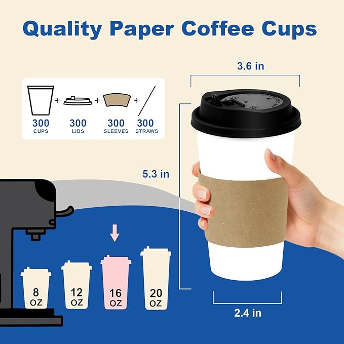 Coolcap 16 oz 300 Pack Coffee Cups with Lids and Sleeves, Straws, Hot Disposable To Go Travel Paper Cups Bulk for Office, Home Coffee Bar Accessories, Chocolate, Cocoa, Beverage (White)