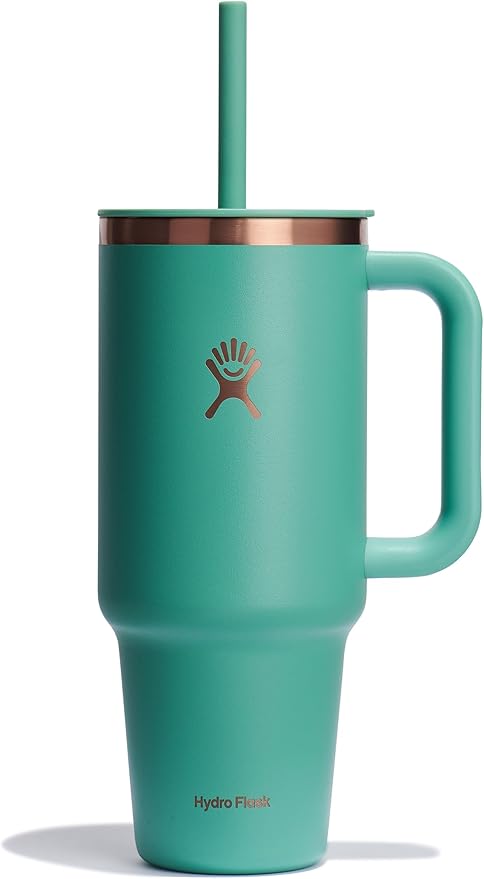 Hydro Flask Travel Tumbler with Handle, Lid and Straw - Insulated Stainless Steel in 40 Oz Thyme Green Rose Gold