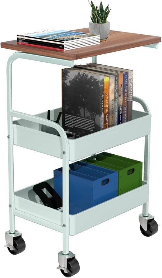 Rolling Cart with Wooden Tabletop, 3 Tier Metal Utility Cart, Rolling Storage Organizer Cart with Lockable Wheels for Kitchen, Office, Bedroom (Green)